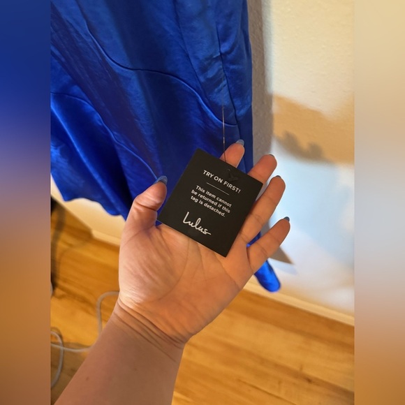 NEW Lulus Instinct Cobalt Asymmetrical Slip Midi Dress Blue Satin Small NWT - Picture 7 of 9